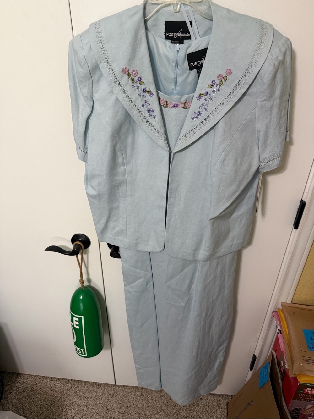 Positive Attitude Light Blue Embroidered Jacket and Dress Set
